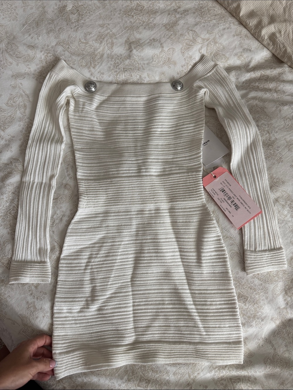 Balmain Off-Shoulder Ribbed Knit Mini Dress in White with buttons